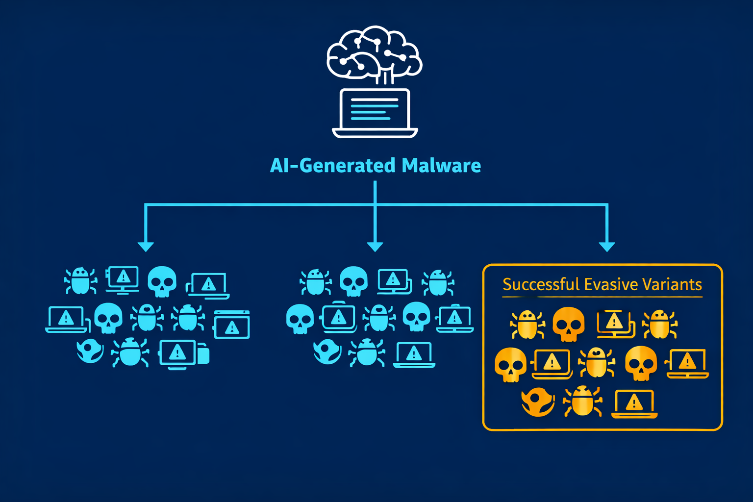Flowchart showing AI-generated malware evolution: large language model at top, branching arrows to thousands of malware variants, with a subset marked 'Successful Evasive Variants' in orange-gold. Dark blue background, flat design, clean cyan lines.