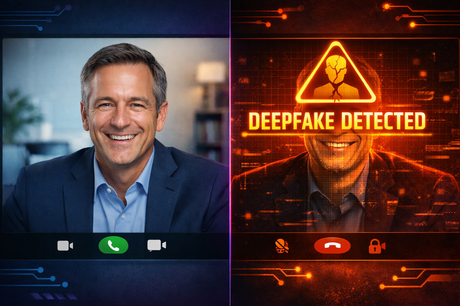 Split image: left side shows a video call with a corporate executive smiling; right side shows the same call with a glowing orange-yellow 'Deepfake Detected' warning overlay and a cracked identity icon. Dark teal background with purple accents.